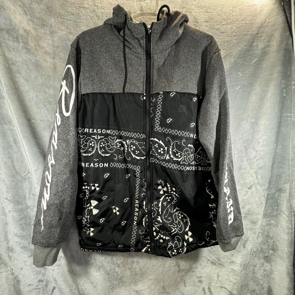 Reason Brand sweatshirt Men's Medium Black & Gray Hoodie  "Reason" Sleeve Print